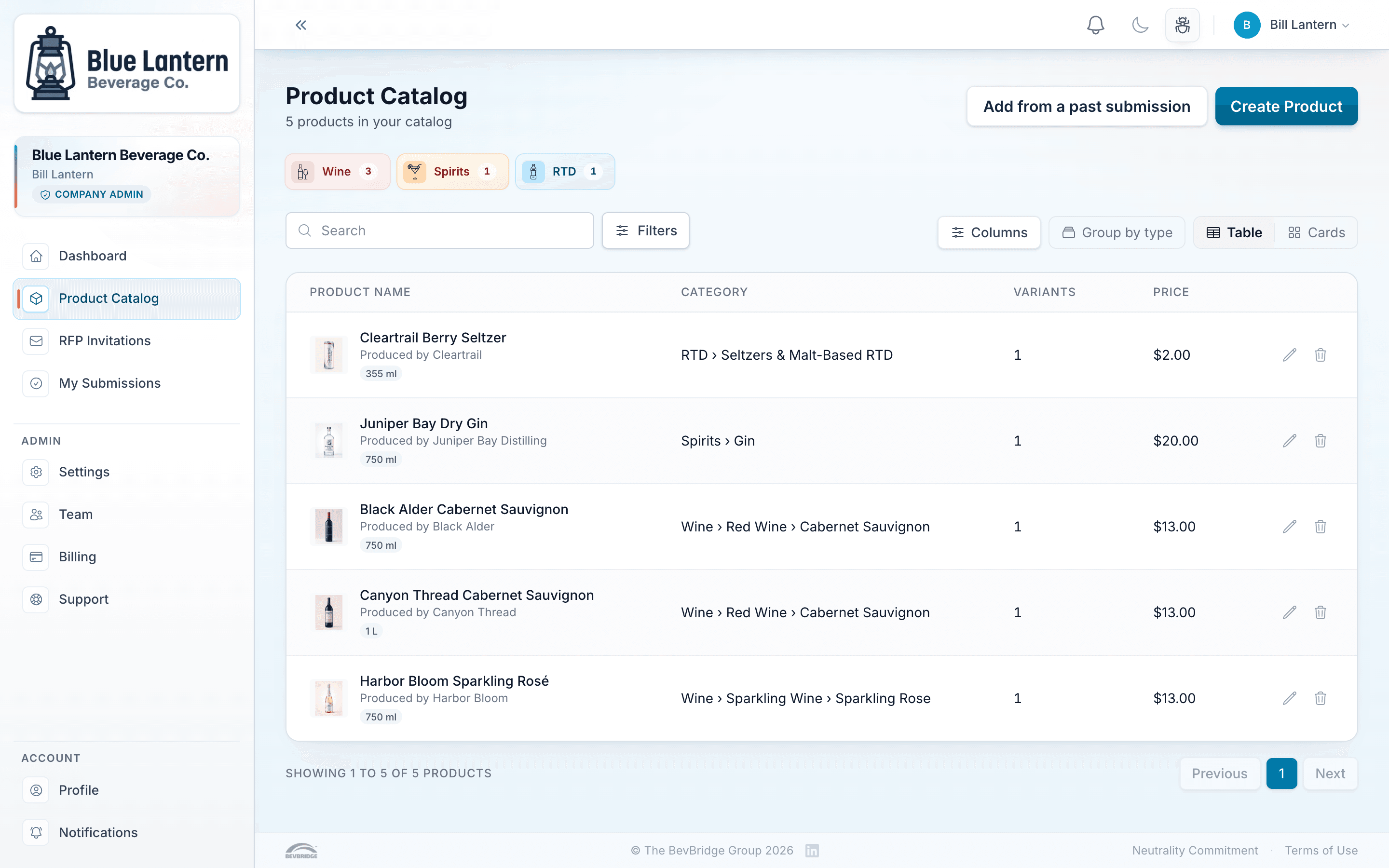 BevBridge supplier product catalog