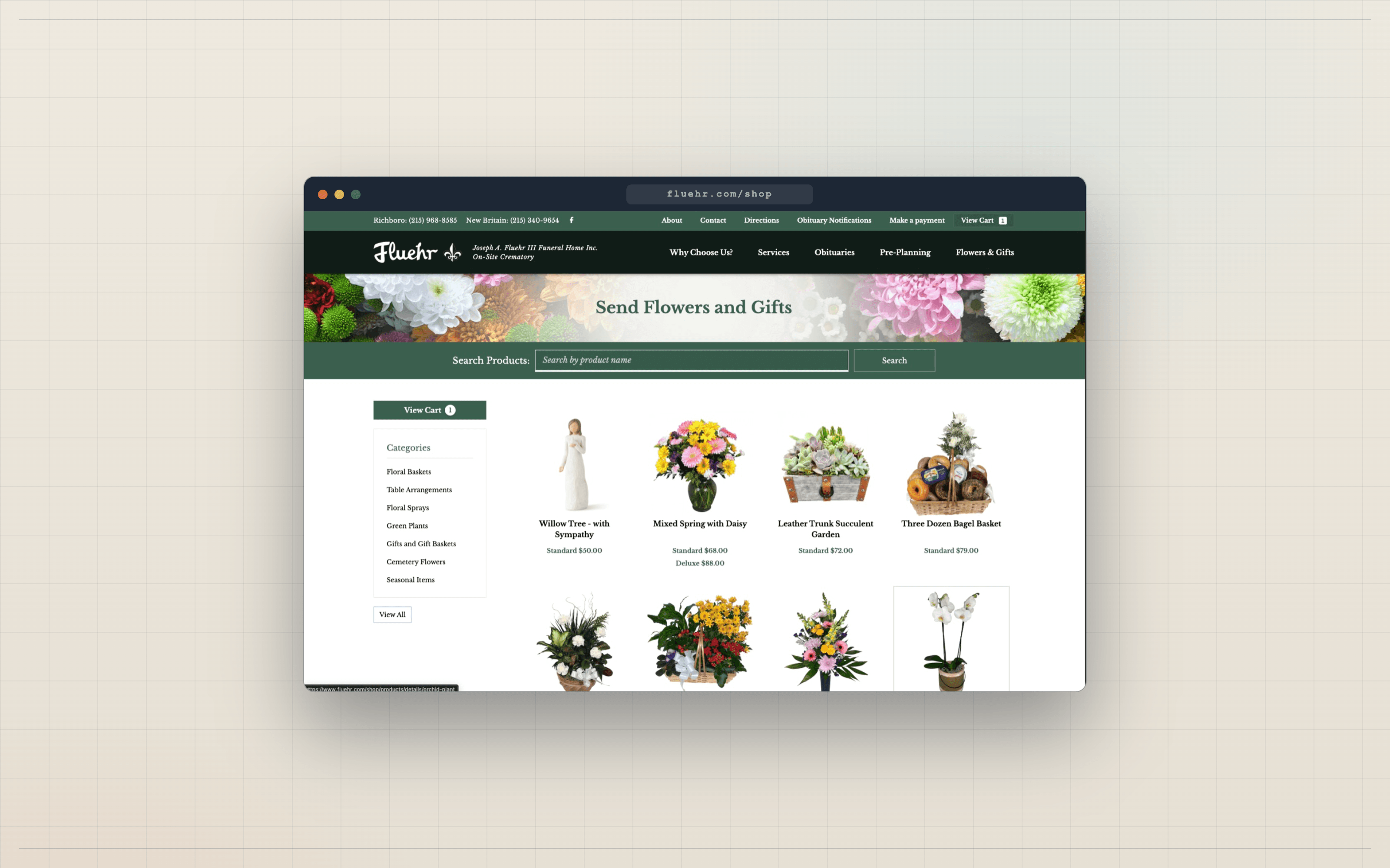 The flower and gift storefront families order from on a Jackava memorial page