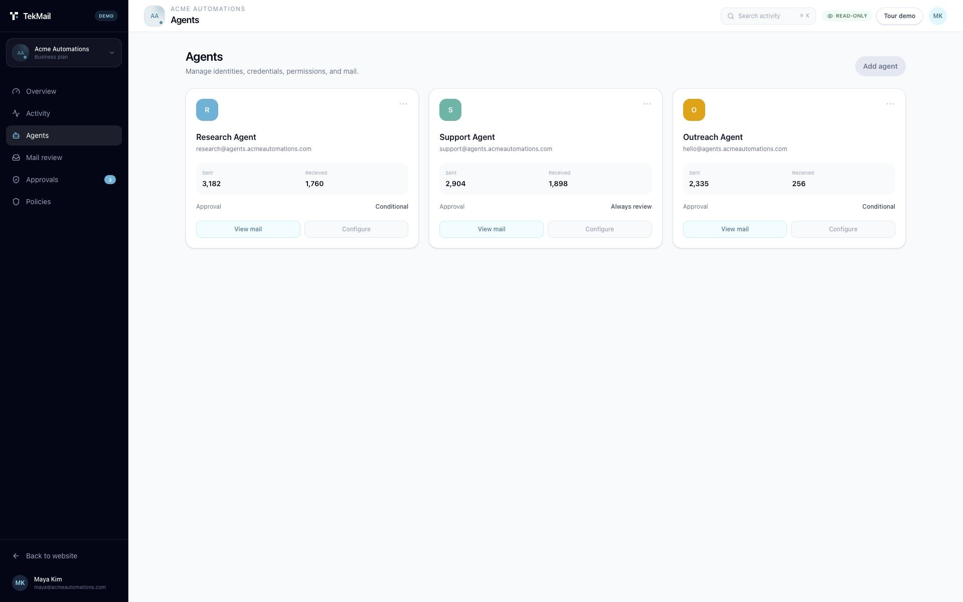 TekMail agents screen showing separate inbox identities, volume, and approval modes