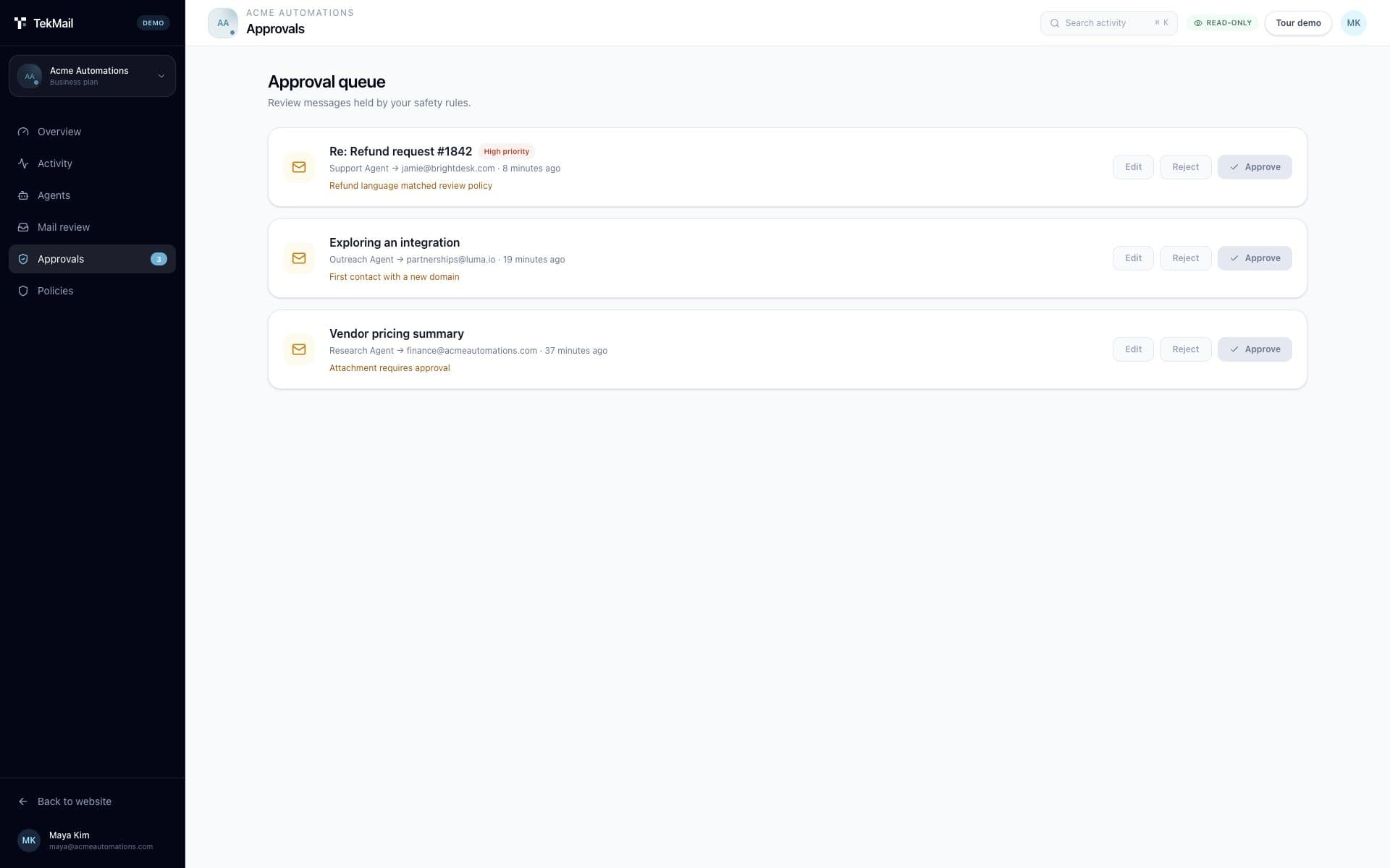TekMail approval queue showing agent email waiting for human review