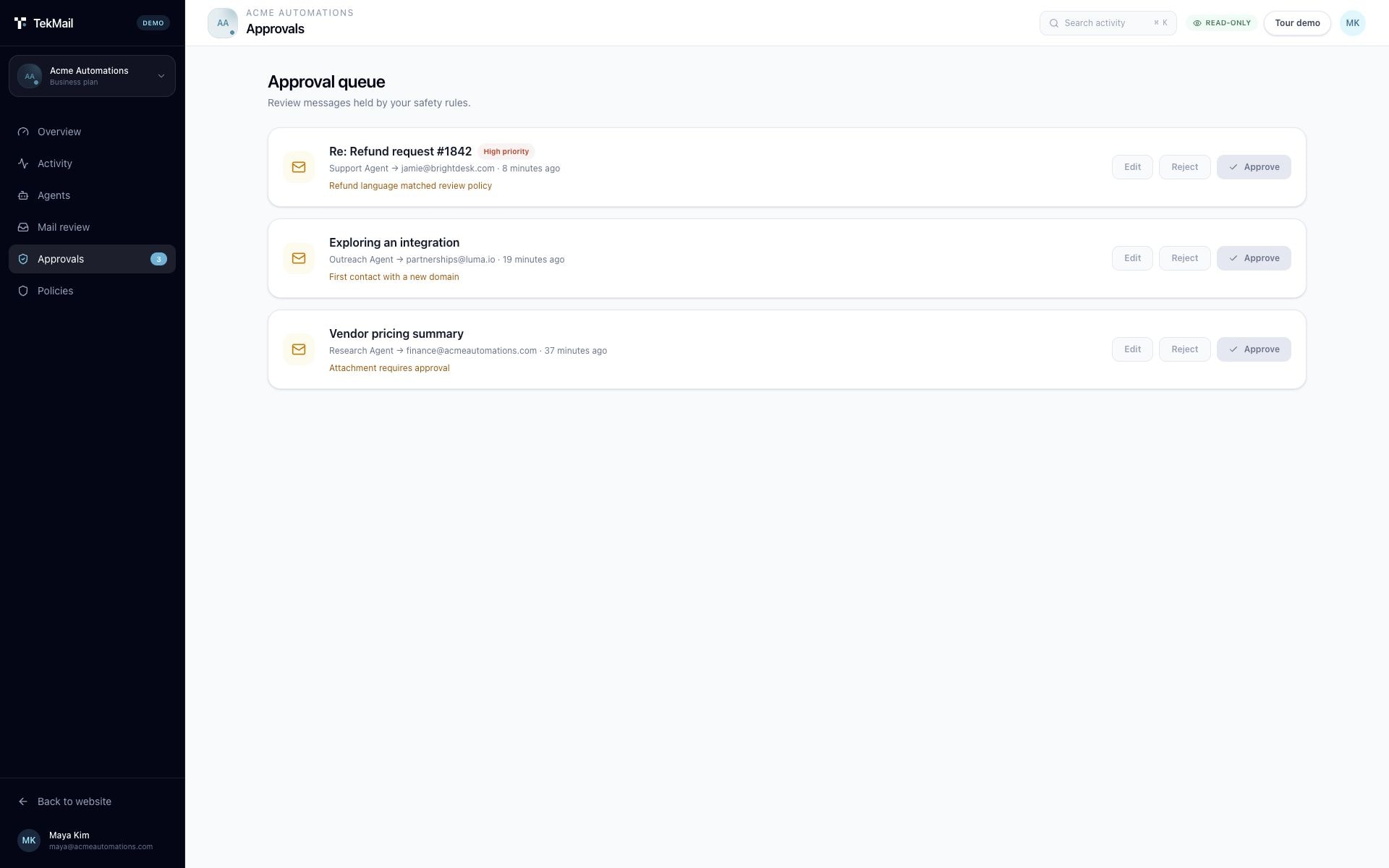 TekMail approval queue with agent messages waiting for human review