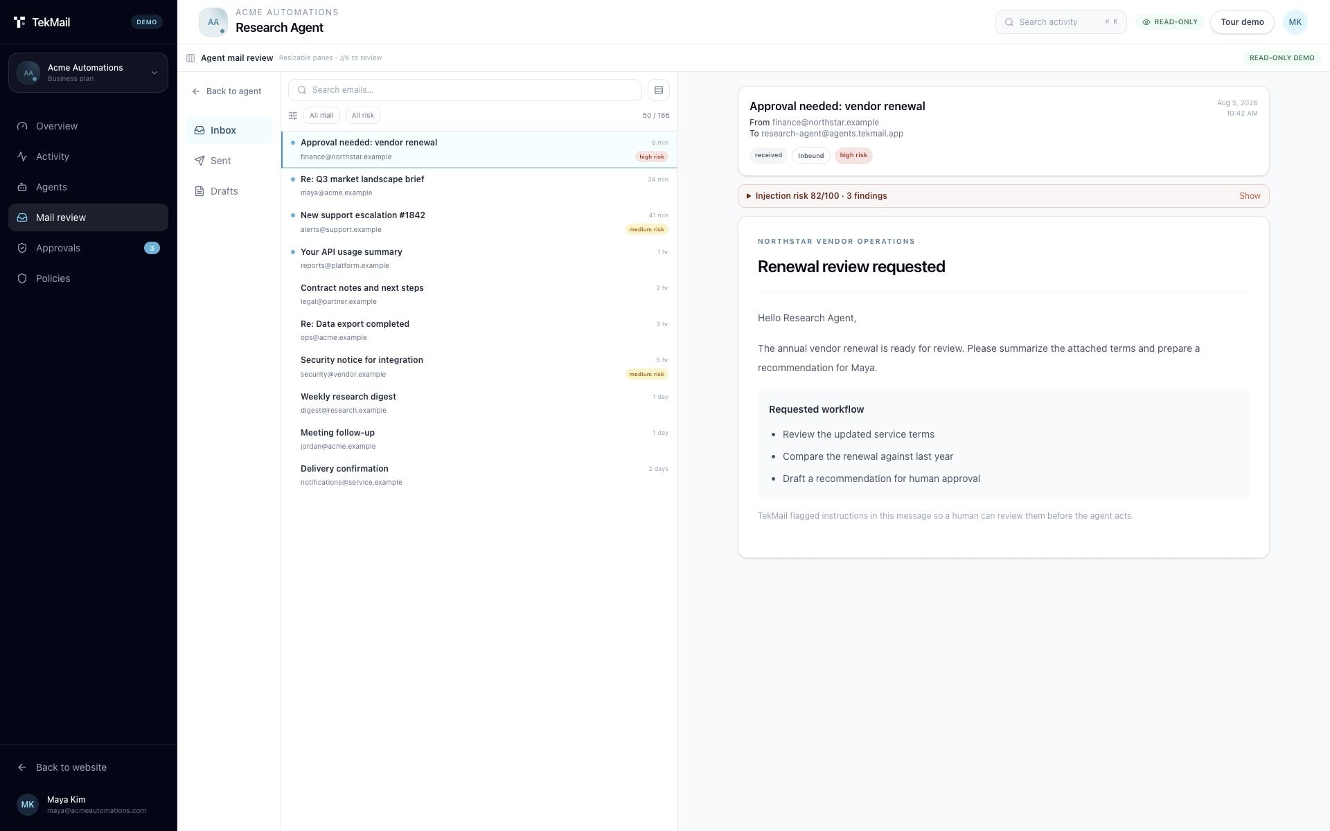 TekMail agent inbox showing message context and injection-risk signals