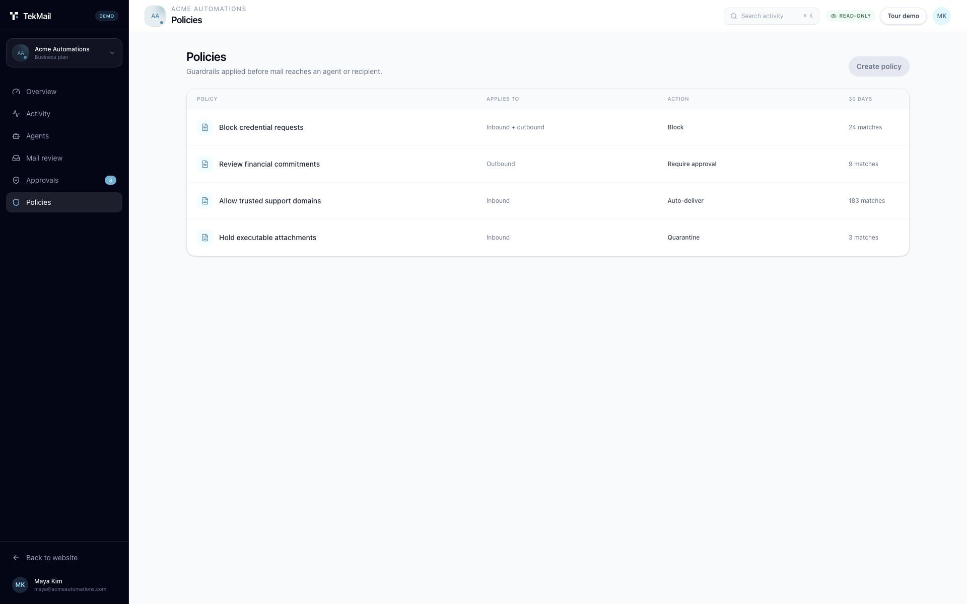 TekMail policy list with block, approval, auto-delivery, and quarantine actions