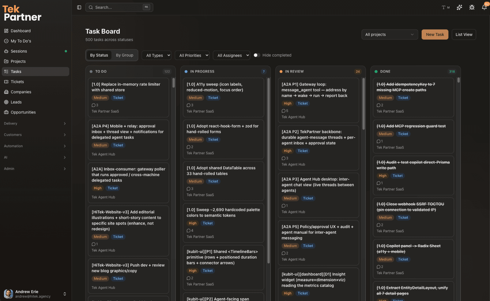 TekPartner’s task board where people and AI agents pick up work together