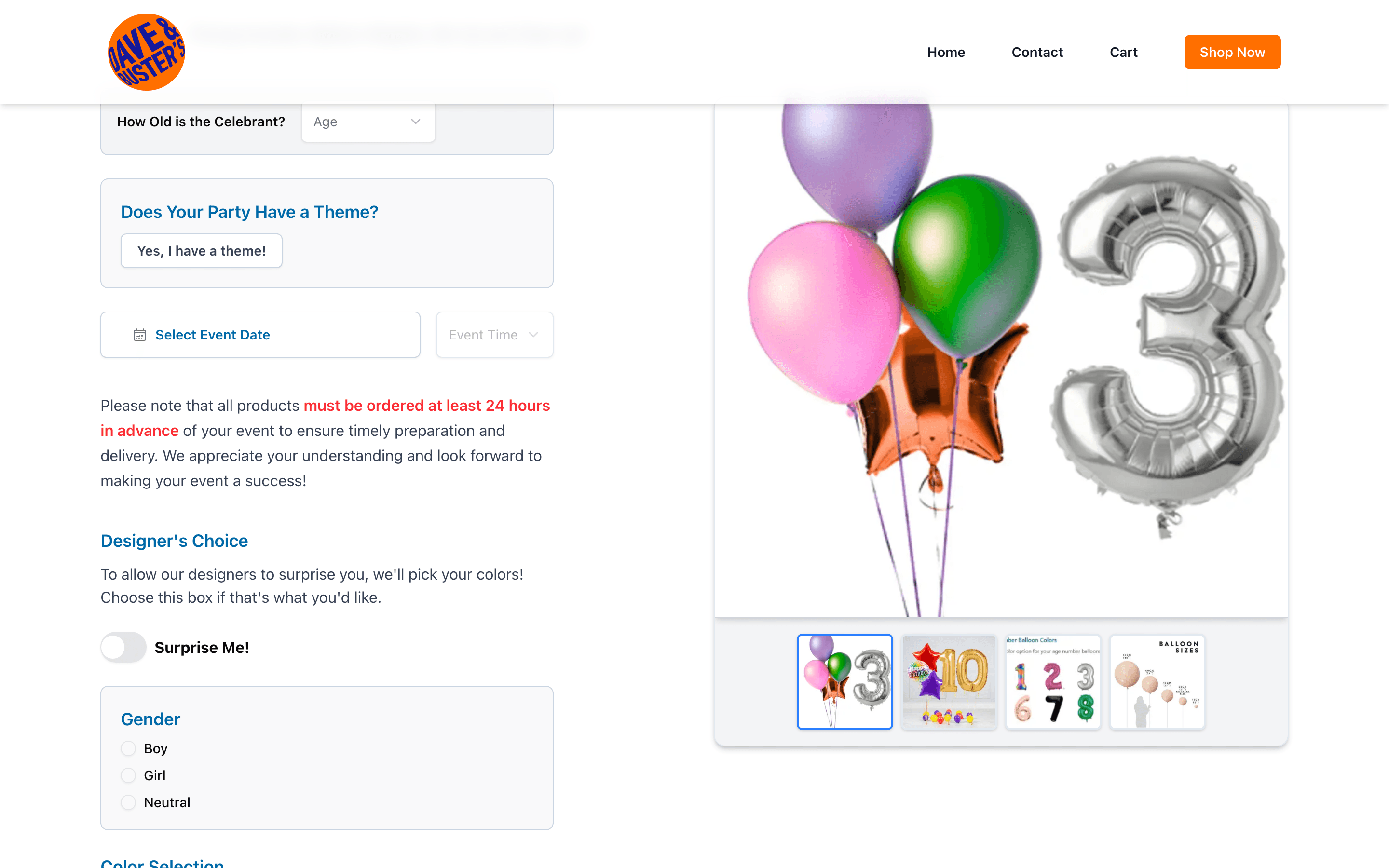 Party package configurator with age, theme, event date and time, and color options