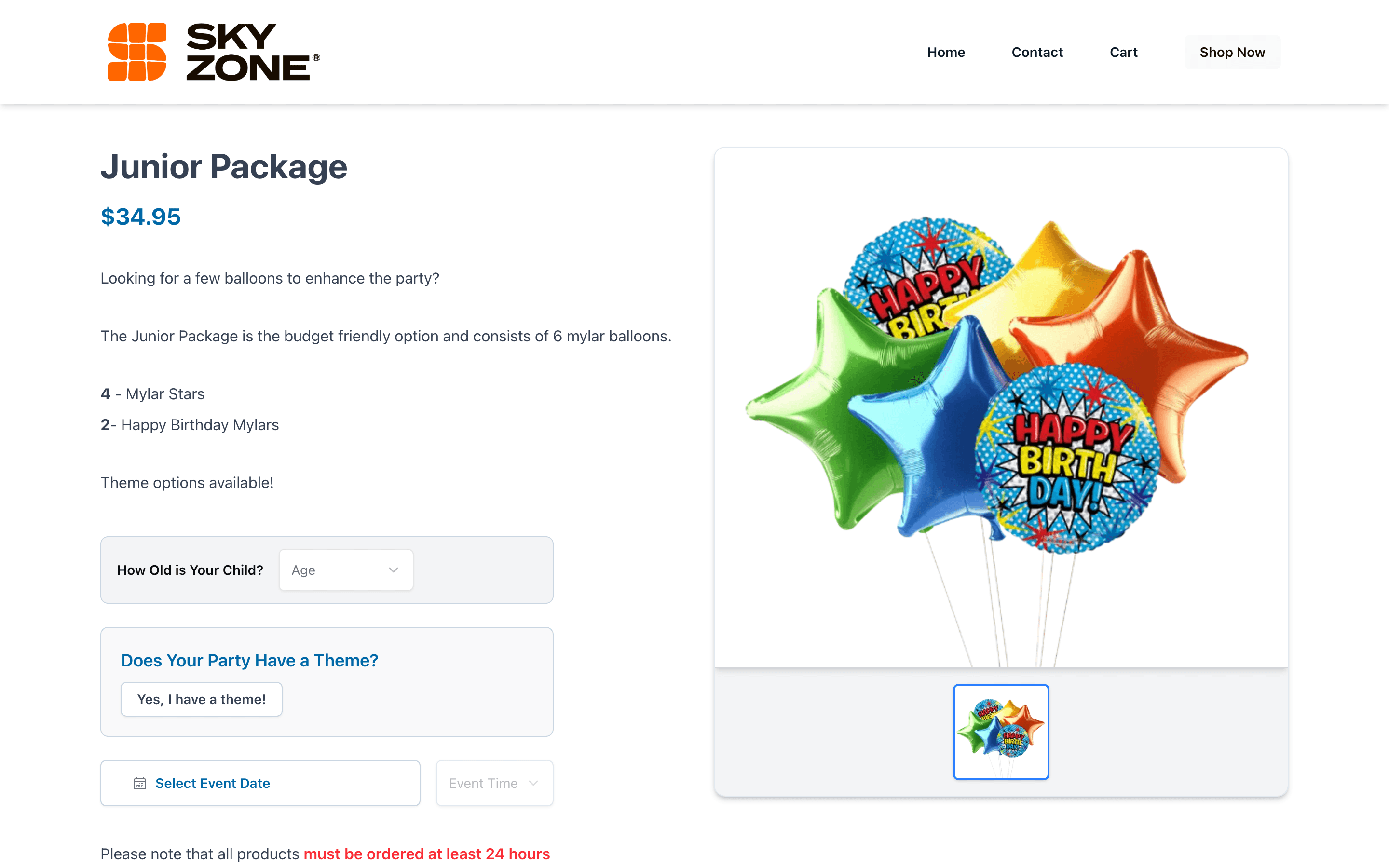 A party package product page on a venue storefront